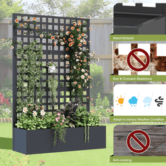 EROMMY Metal Planter Box with Trellis, 71"x 47"x 16" Raised Garden Bed, Planter Box Trellis with Privacy Screen and Drainage Holes, Black