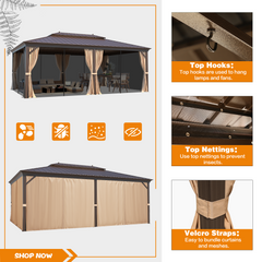 EROMMY 14' x 20' Hardtop Gazebo, Brown Permanent Pavilion, Galvanized Steel Metal Double Roof with Aluminum Frame