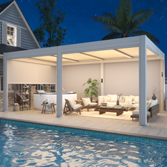 EROMMY 12' x 20' Outdoor Pergola with LED Lights, Aluminum Gazebo with Motorized Louvers & Side Screens for Patio, Backyard & Poolside, White