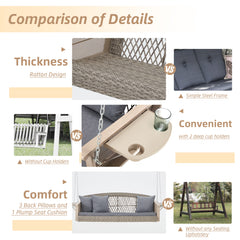 EROMMY 3 Seats Porch Swing Hanging Bench Swing Lounge Front Rattan Swing for Garden, Balcony, Gray-Erommy