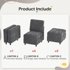 Erommy 6 Piece Modular Sectional Couch, Modular Couches and Sofas Sectional with Storage for Living Room, 4 single seats, 2 ottomans, Dark Gray-Erommy