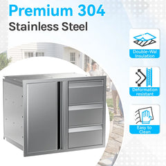 EROMMY Outdoor Kitchen Drawer and Trash Bin Combo - 28"Wx20"Dx23"H Built-in 304 Stainless Steel Cabinet with Triple Drawers & Pull-Out Trash Drawer, Silver