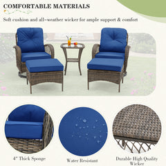 EROMMY Outdoor Patio Furniture Set - 5-Piece Wicker Conversation Set with Swivel Rocking Chairs, Ottomans, and Glass Coffee Table, Navy Blue-Erommy