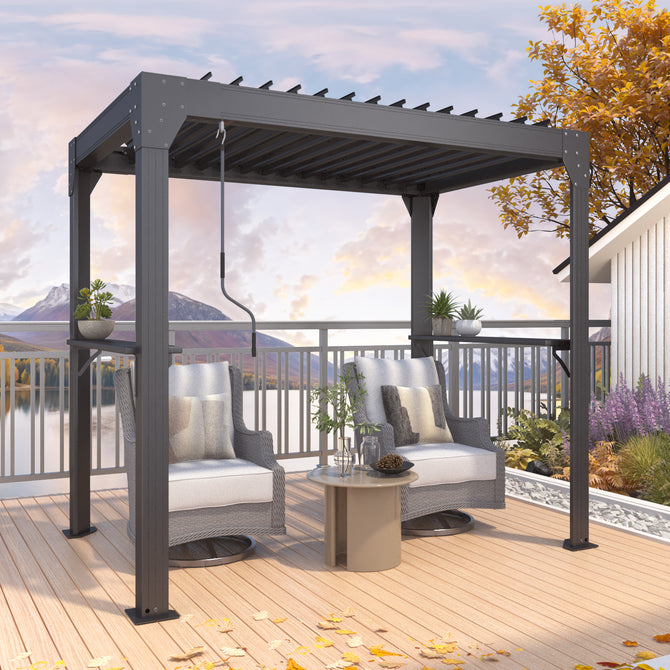 EROMMY 8' x 5' Louvered Pergola with Gutter & Side Shelves, Dark Grey-Erommy