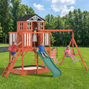 EROMMY Kids Outdoor Wooden Swing Set with Elevated Playhouse, Wave Slide, Belt Swings and Sandbox
