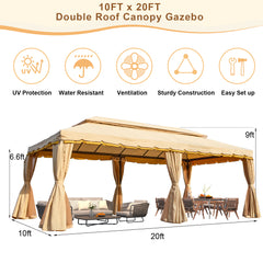 EROMMY 10x20 Outdoor Canopy Gazebo, Double Roof Patio Gazebo Steel Frame with Netting and Shade Curtains for Garden,Patio,Party Canopy, Beige-Erommy