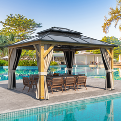 EROMMY 12' x 14' Hardtop Gazebo, Wood Outdoor Gazebo, Polycarbonate Double Roof, Netting and Curtains, Patio Gazebo-Erommy