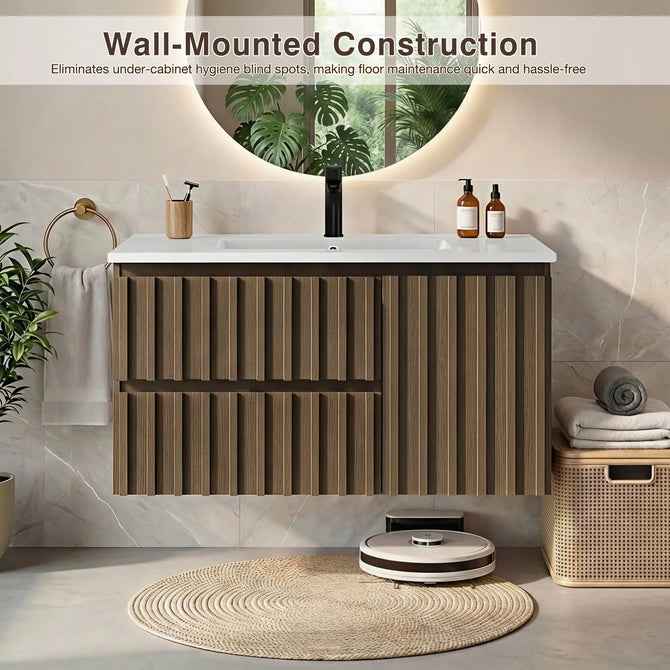 Erommy 36" Wall Mounted Single Bathroom Vanity With Ceramic Sink, Bathroom Vanity With Spacious Cabinet And 2 Soft-close Drawers, Brown
