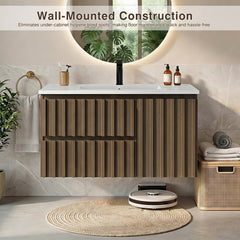 Erommy 36" Wall Mounted Single Bathroom Vanity With Ceramic Sink, Bathroom Vanity With Spacious Cabinet And 2 Soft-close Drawers, Brown