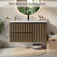 Erommy 36" Wall Mounted Single Bathroom Vanity With Ceramic Sink, Bathroom Vanity With Spacious Cabinet And 2 Soft-close Drawers, Brown
