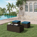 EROMMY 3 Piece Patio Furniture Set, Outdoor Wicker Ottoman & Coffee Table Set, 2 Cushioned Footrests with 1 Patio Side Table (Turquoise)