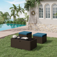 EROMMY 3 Piece Patio Furniture Set, Outdoor Wicker Ottoman & Coffee Table Set, 2 Cushioned Footrests with 1 Patio Side Table (Turquoise)