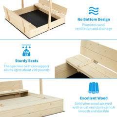 EROMMY Kids Wooden Outdoor Sandbox with UV50 Sun/Sand Protection Liner Function Canopy, 2 Foldable Bench Seats, Height Adjustable Roof-Erommy