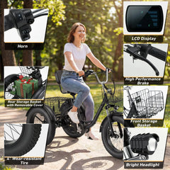 EROMMY Electric Trike for Adults,Peak 750W Brushless Motor, E-Trike with 20" x 4" Tires,LCD Display,Removable Battery, Charger,3-Wheel Electric Bicycle, Up to 70 Miles Range, 20 MPH+ Speed, Black