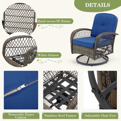 EROMMY Outdoor Patio Furniture Set - 5-Piece Wicker Conversation Set with Swivel Rocking Chairs, Ottomans, and Glass Coffee Table, Navy Blue-Erommy