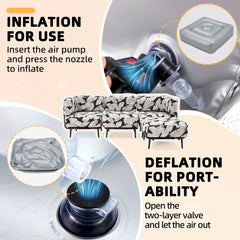 EROMMY 4-Piece Inflatable Couch Set, Portable Oxford Fabric Blow-Up Lounger, White & Black Leaf Pattern-Erommy