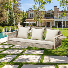 EROMMY 3 Seats Porch Swing Hanging Bench Swing Lounge Front Rattan Swing for Garden, Balcony, Beige-Erommy