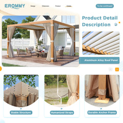 EROMMY 12x12 louvered pergola with Louvered Roof for Decks, Gardens and Backyards, Wood Grain-Erommy