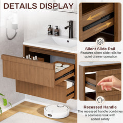 EROMMY 24 Inch Bathroom Vanity with Sink, Floating Bathroom Vanity with 2 Large Storage Drawers, Wood Grain Wall Mounted Bathroom Cabinet, Brown