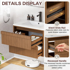 EROMMY 24 Inch Bathroom Vanity with Sink, Floating Bathroom Vanity with 2 Large Storage Drawers, Wood Grain Wall Mounted Bathroom Cabinet, Walnut