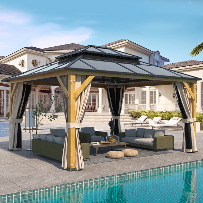EROMMY 13' x 15' Hardtop Gazebo, Wood Outdoor Gazebo, Polycarbonate Double Roof, Netting and Curtains, Patio Gazebo-Erommy