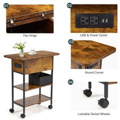 EROMMY Multi-Functional Flip Side Table, 360° Swivel Wheels & Storage Shelf for Living Room/Bedroom, Rustic Brown Wood End Table, Brown-Erommy