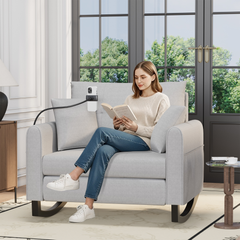 EROMMY Upholstered Oversize Rocking Chair with Adjustable Phone Handle, Nursery Rocking Chair with High Back and Side Pocket USB Port, Double Wide Rocker for Living Room, Bedroom, Nursery, Gray