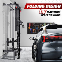 EROMMY Folding Squat Rack, Wall Mounted Power Rack with Cable Crossover Machine & LAT Pull Down Multi-Function Space-Saving Power Cage, Black