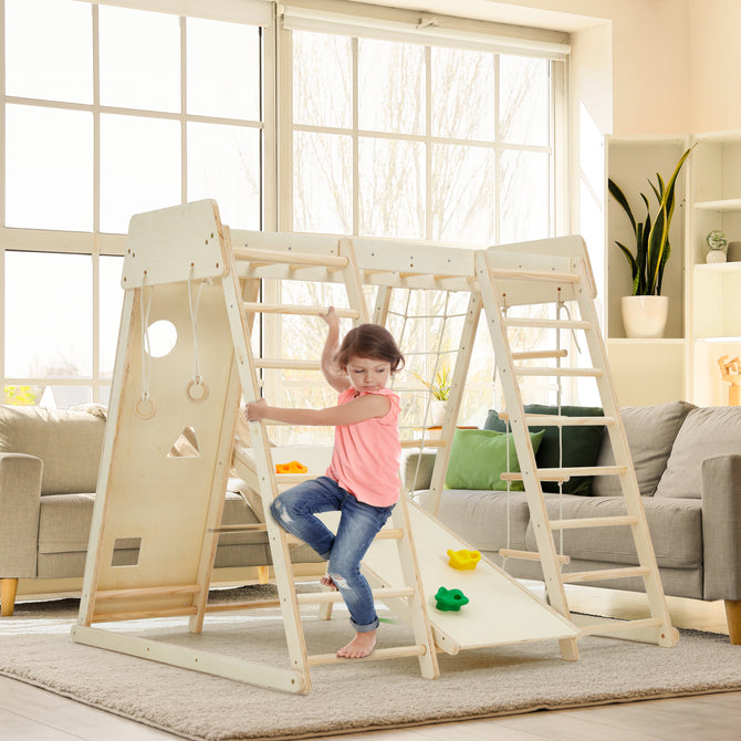 EROMMY 8-in-1 Wooden Climbing Toys for Toddlers with Slide, Monkey Bar, Climbing Wall & Rope Ladder-Erommy