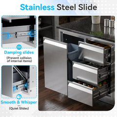 EROMMY Outdoor Kitchen Drawer and Trash Bin Combo - 28"Wx20"Dx23"H Built-in 304 Stainless Steel Cabinet with Triple Drawers & Pull-Out Trash Drawer, Silver