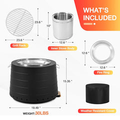 EROMMY Smokeless 19.5 in Patio Fire Pit with Removable Ash Pan, Black