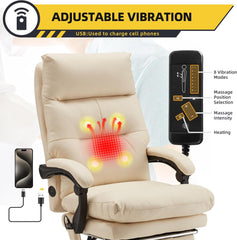 Erommy Reclining Executive Office Chair with Heat, Massage and Footrest, Beige-Erommy