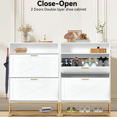 Shoe cabinet with 2 flip drawers and open storage, white | erommy