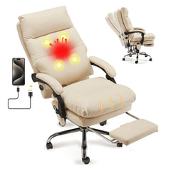 Erommy Reclining Executive Office Chair with Heat, Massage and Footrest, Beige-Erommy