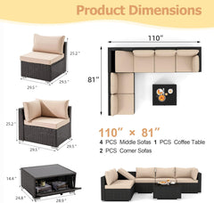 EROMMY 7 Piece Outdoor Patio Furniture with Storage Table, Cushions and Pillows, Khaki-Erommy