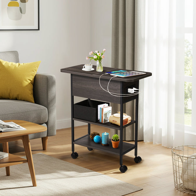 EROMMY Multi-Functional Flip Side Table, 360¡ã Swivel Wheels & Storage Shelf for Living Room/Bedroom, Rustic Brown Wood End Table, Gray-Erommy