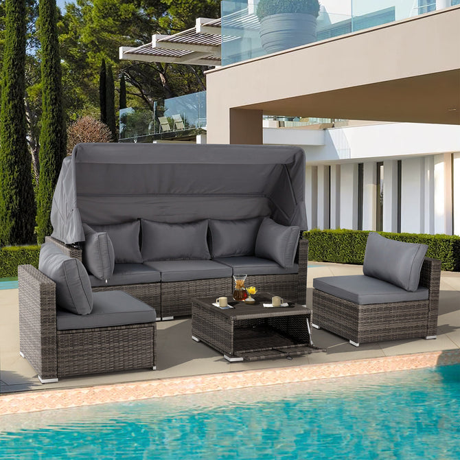 6 Pcs outdoor sectional sofa daybed with canopy, adjustable backrest and coffee table, gray | erommy furniture
