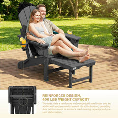 EROMMY 3-Level Adjustable Adirondack Chair with Retractable Ottoman, Folding HDPE Outdoor Chair with Cup Holders, Black