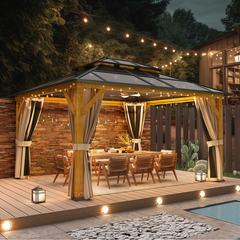 EROMMY 12' x 14' Hardtop Gazebo, Wood Outdoor Gazebo, Polycarbonate Double Roof, Netting and Curtains, Patio Gazebo-Erommy