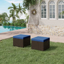 EROMMY 2 Piece All-Weather Outdoor Wicker Ottoman, Patio Footrest & Extra Seat with Thick Cushion (Navy Blue)