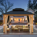 EROMMY 11' x 13' Outdoor Cedar Wood Hardtop Gazebo w/ Double Metal Roof, Curtains & Nettings-Erommy