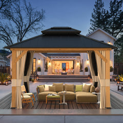 EROMMY 11' x 13' Outdoor Cedar Wood Hardtop Gazebo w/ Double Metal Roof, Curtains & Nettings-Erommy