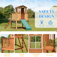 Erommy Outdoor Wooden Playhouse for Kids - Fir Tree House with Slide, Climbing Ladder & Play Kitchen | Ages 4-8, Wood-Erommy