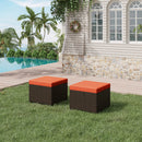 EROMMY 2 Piece All-Weather Outdoor Wicker Ottoman, Patio Footrest & Extra Seat with Thick Cushion (Orange)