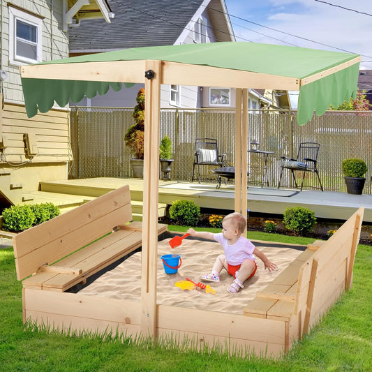 EROMMY Kids Sandbox with Cover, Wooden Sandbox with Height Adjustable Roof, Foldable Bench Seats for Aged 3-8, Outdoor Sandbox with Sand Protection Liner, for Backyard, Beach, Lawn