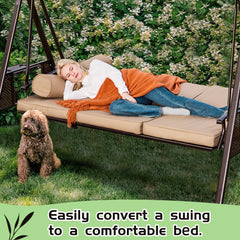 Erommy outdoor porch swing converted into a comfortable bed, with a woman relaxing beside a dog in a lush garden setting