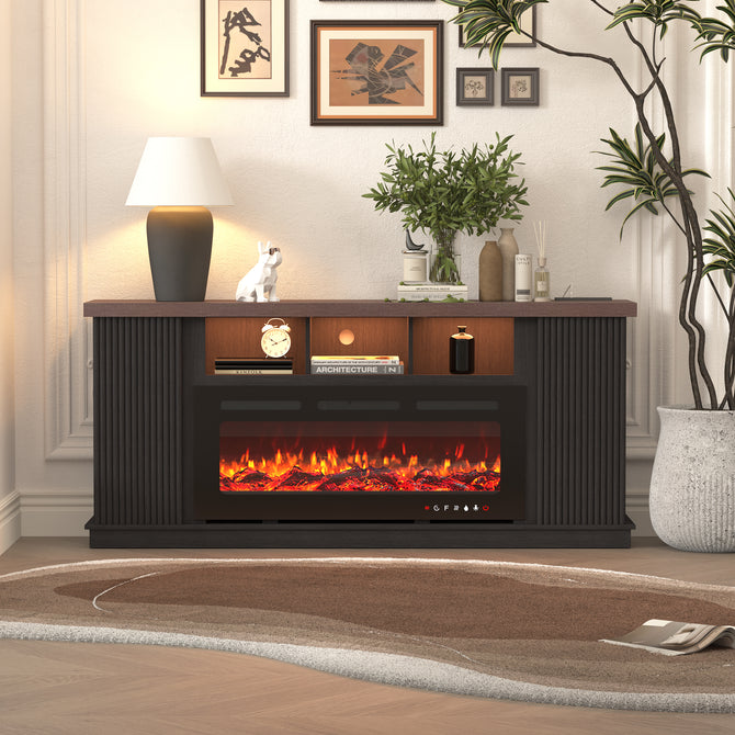 EROMMY 70 Inch TV Cabinet with Electric Fireplace, fire place tv stands for living room, LED Light Bar, Dark Walnut Color-Erommy