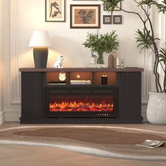 EROMMY 70 Inch TV Cabinet with Electric Fireplace, fire place tv stands for living room, LED Light Bar, Dark Walnut Color-Erommy