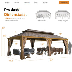 Erommy outdoor hardtop gazebo with double roof, privacy curtains, lounge seating, and patio dining set under a covered canopy