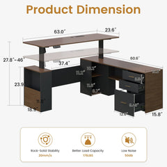 EROMMY 63" L Shaped Electric Standing Desk with Storage, Executive Adjustable Height with Power Outlets and Privacy Panel, Walnut Black